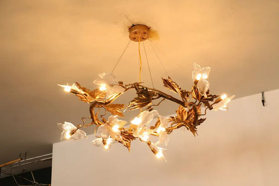 H65 Copper Body Art Glass Mặt dây chuyền lá phong Đèn chùm hiện đại ISO9001